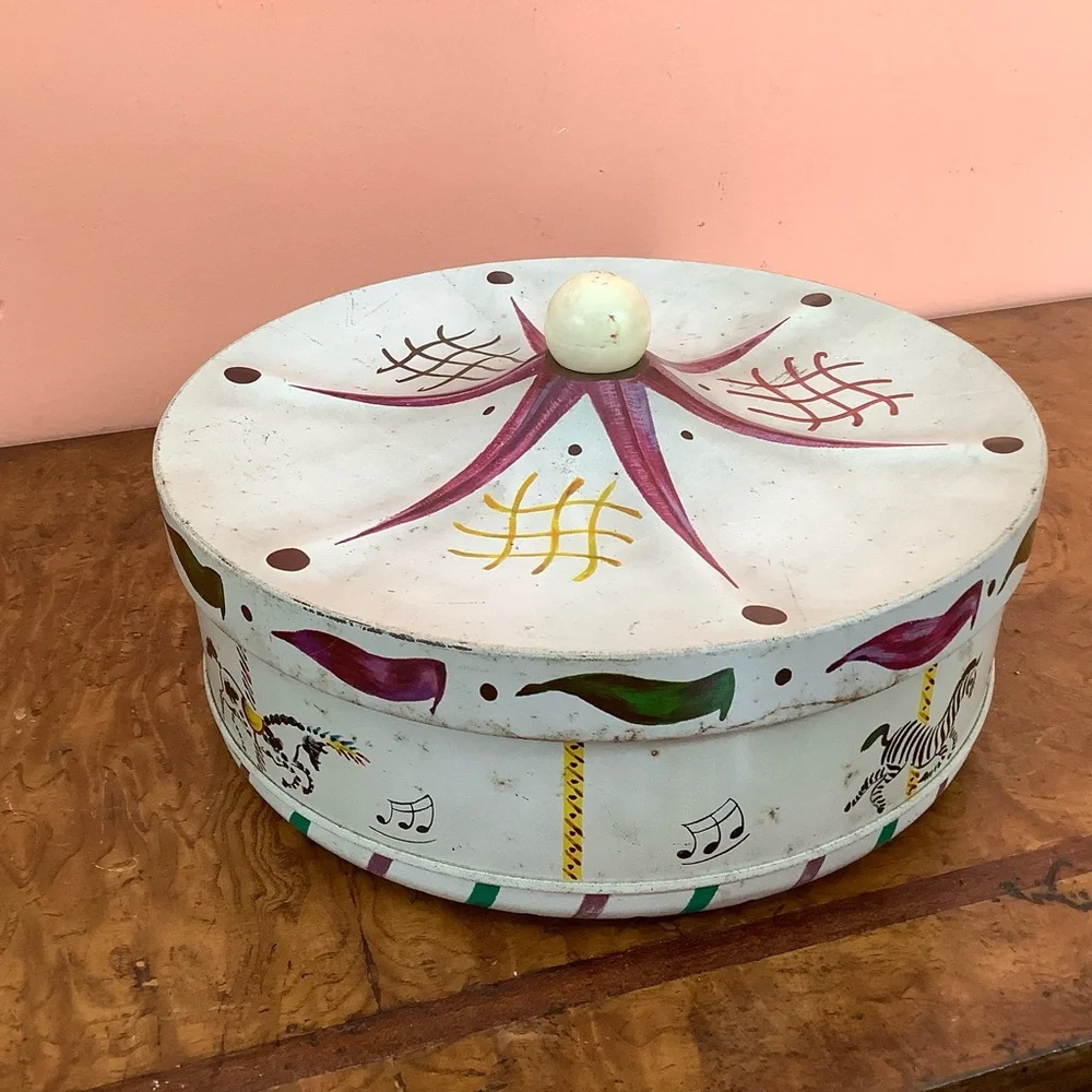 Vintage Carousel Merry Go Round Tin Guildcraft Horses Carnival Tent1 10” X 5.5”
